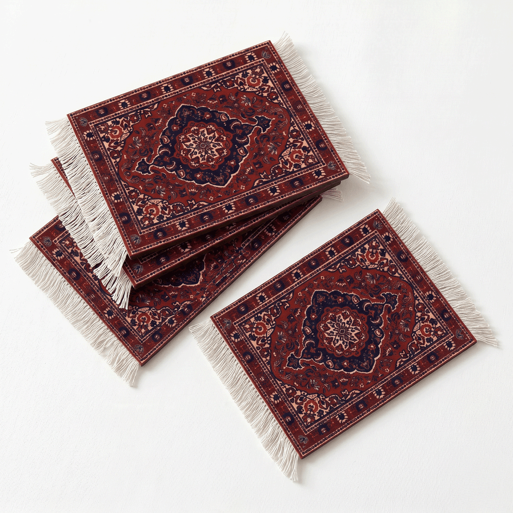 Three decorative rugs with intricate patterns and fringes on a white background