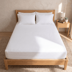 100% Cotton Striped White Sateen Sheet Set with Pillowcases 300 TC Hotel Quality