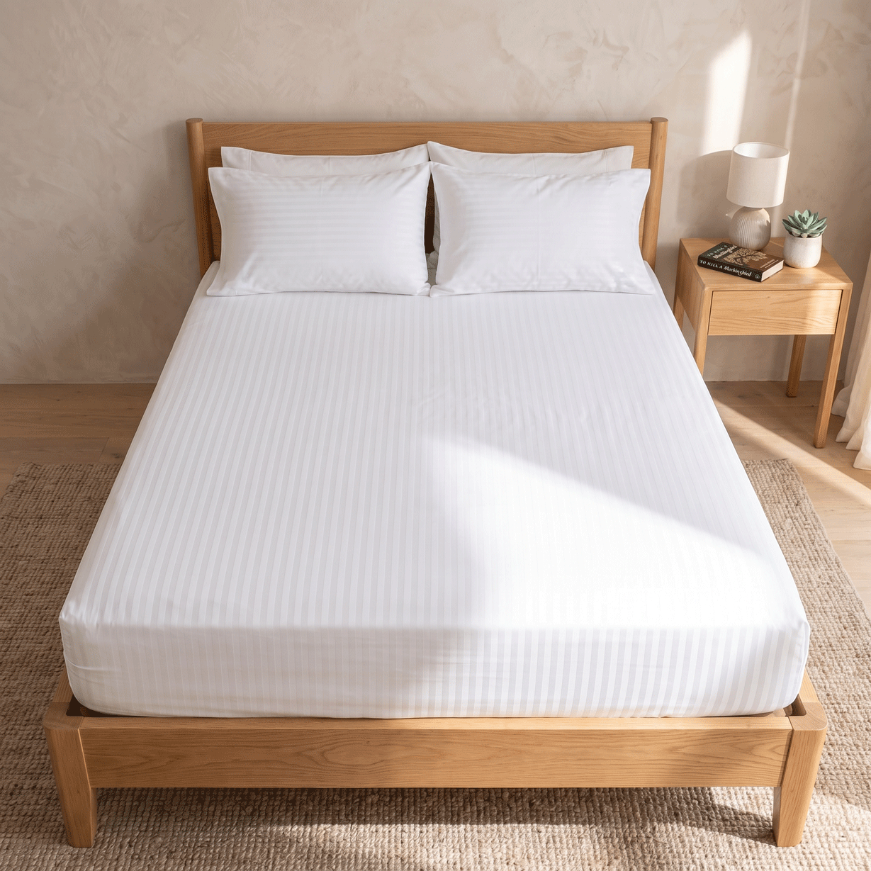100% Cotton Striped White Sateen Sheet Set with Pillowcases 300 TC Hotel Quality