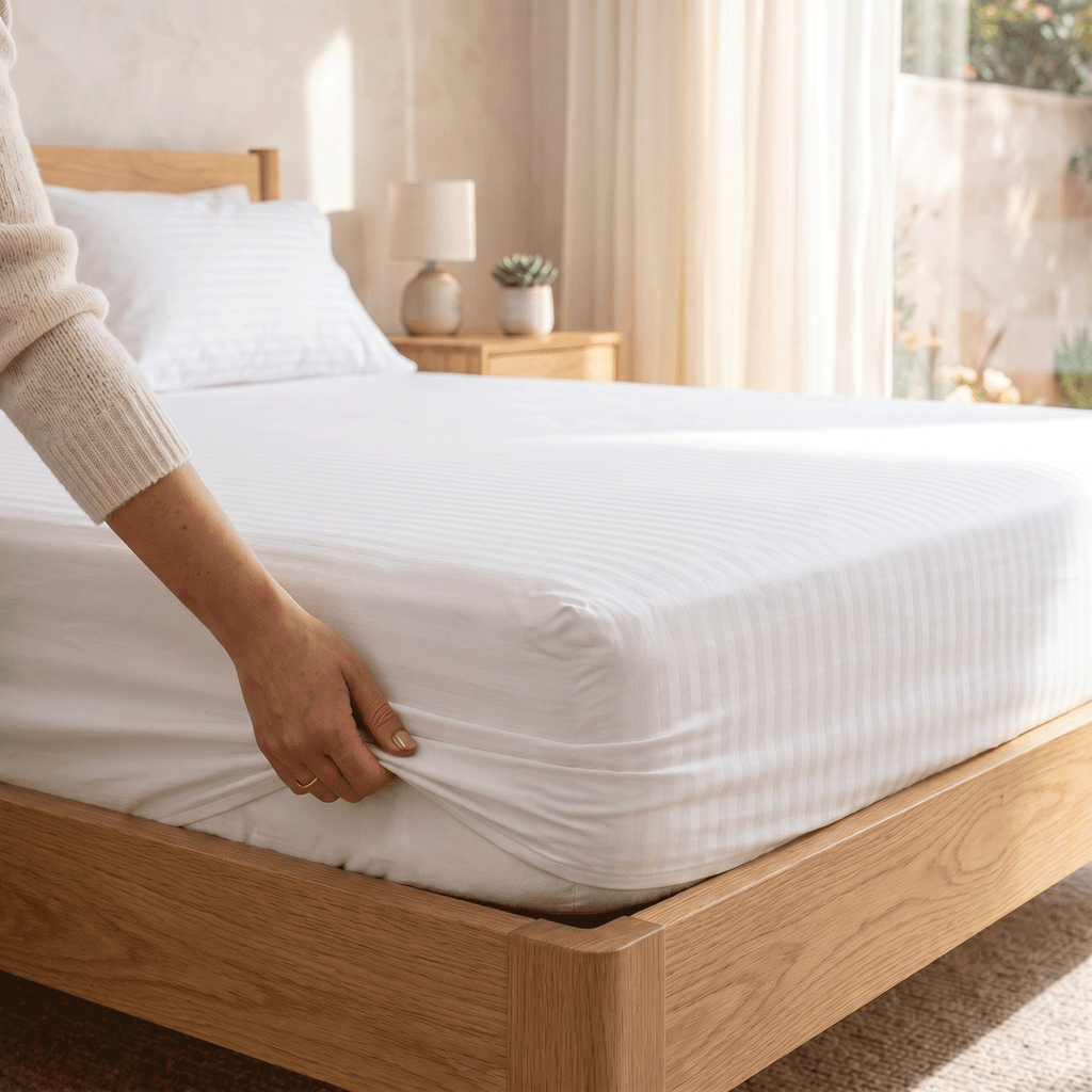 100% Cotton Striped White Sateen Sheet Set with Pillowcases 300 TC Hotel Quality