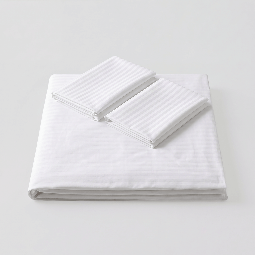 100% Cotton Striped White Sateen Sheet Set with Pillowcases 300 TC Hotel Quality