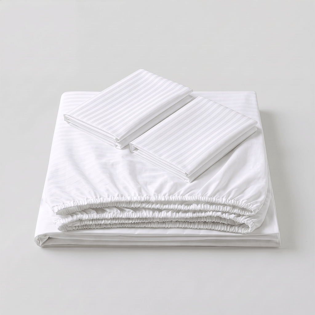 100% Cotton Striped White Sateen Sheet Set with Pillowcases 300 TC Hotel Quality