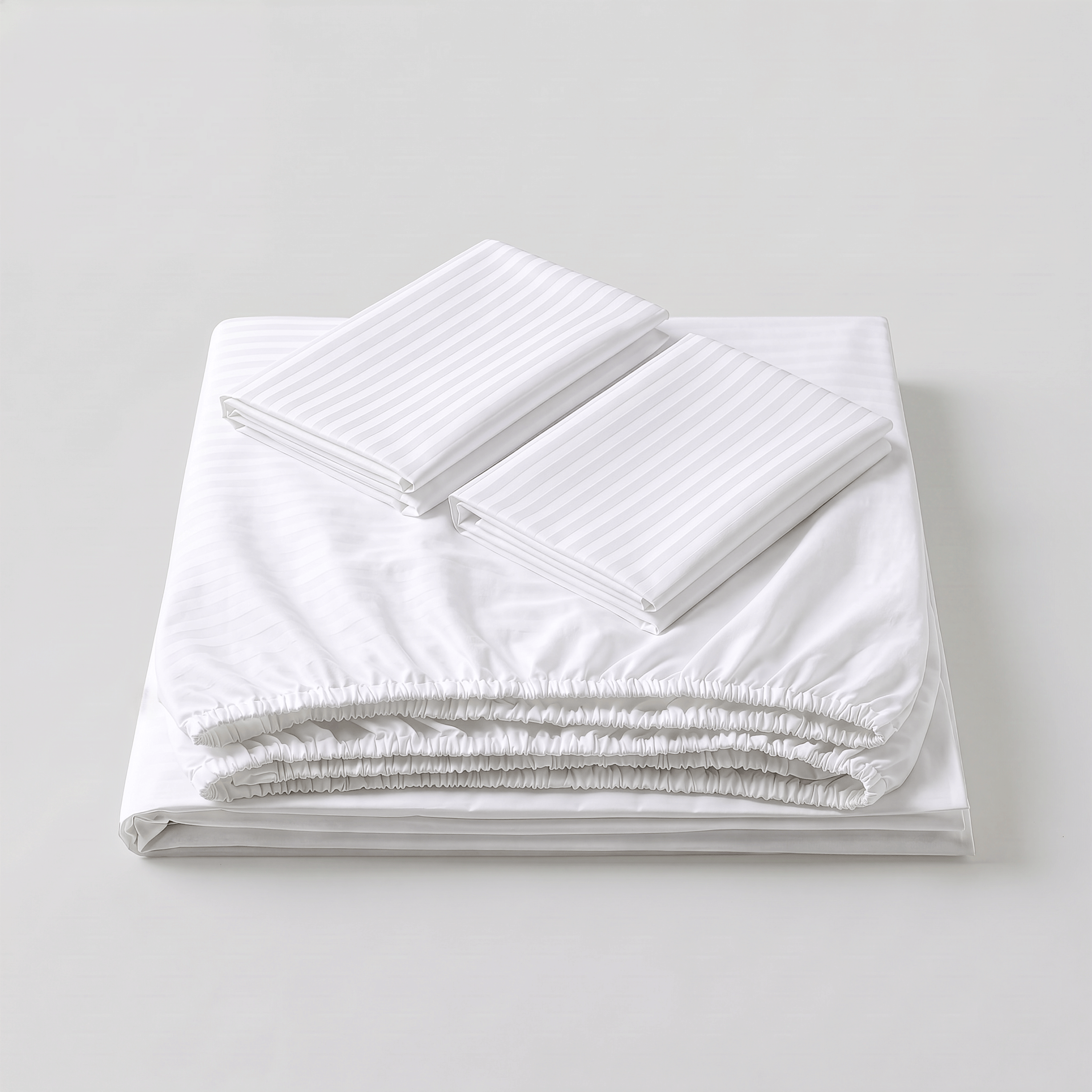 100% Cotton Striped White Sateen Sheet Set with Pillowcases 300 TC Hotel Quality