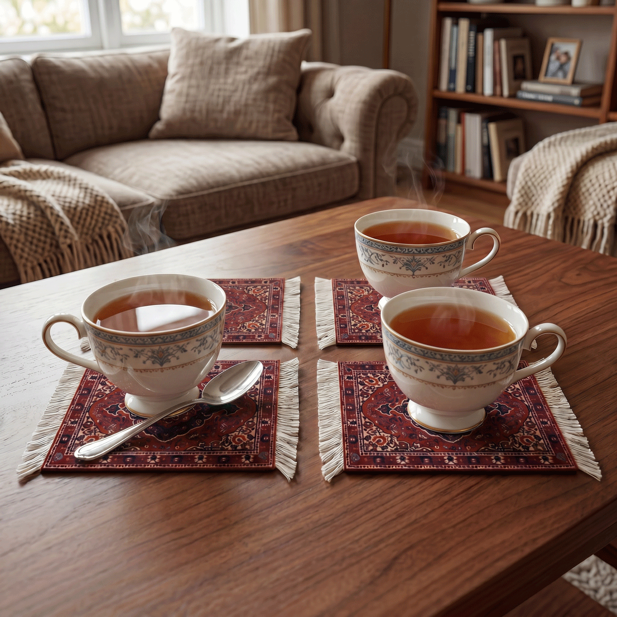 Three teacups with tea on a wooden table in a cozy living room.