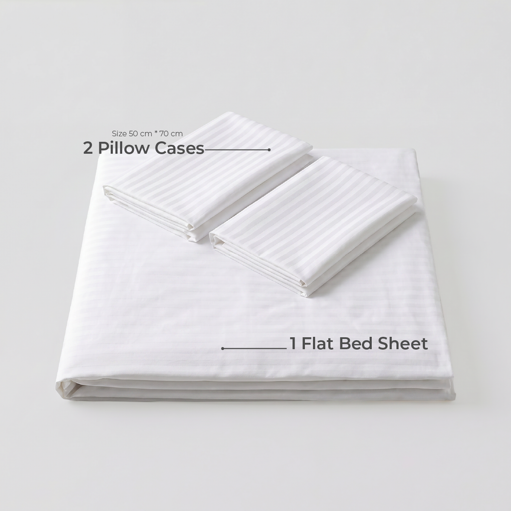 100% Cotton Striped White Sateen Sheet Set with Pillowcases 300 TC Hotel Quality