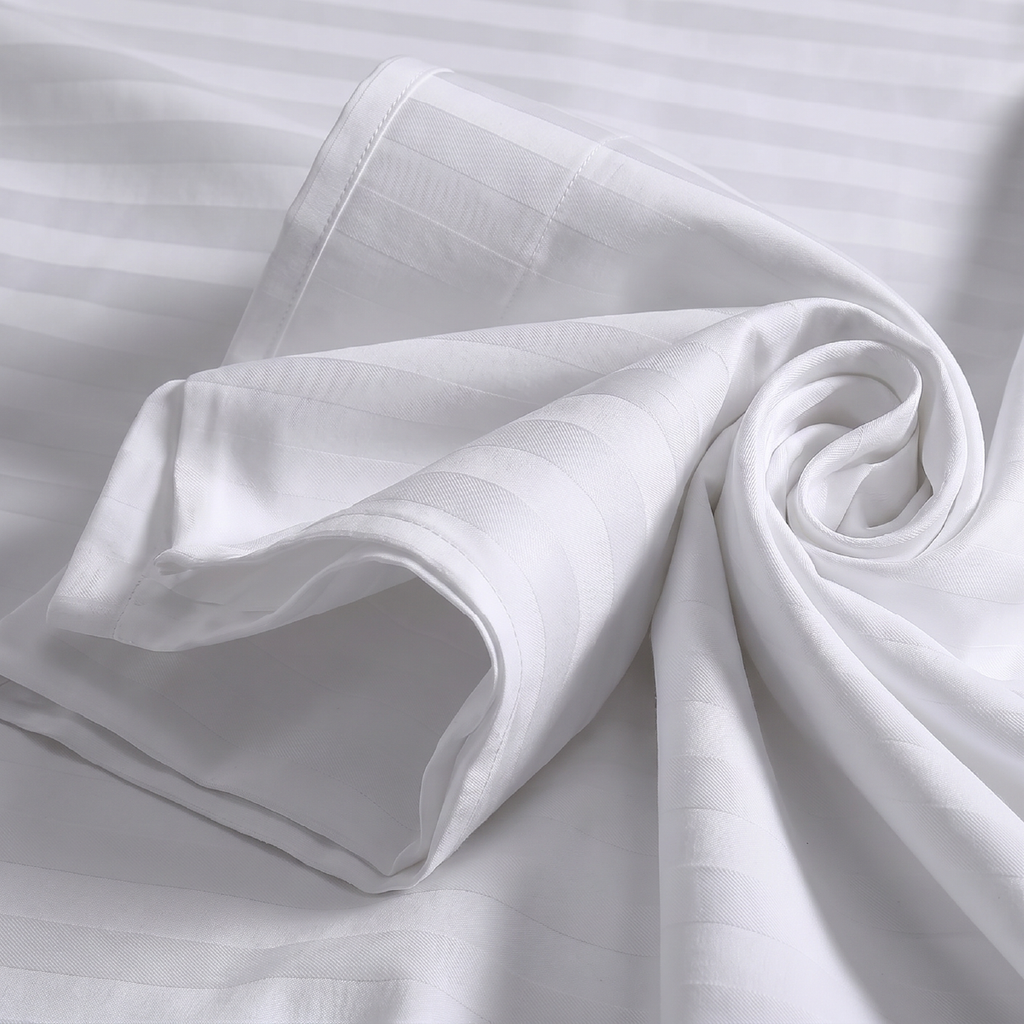 100% Cotton Striped White Sateen Sheet Set with Pillowcases 300 TC Hotel Quality