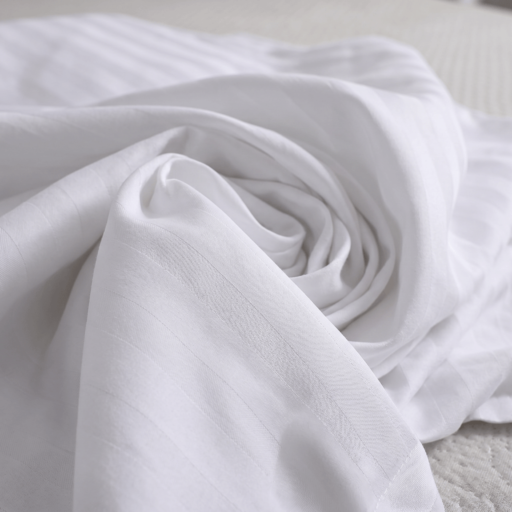 100% Cotton Striped White Sateen Sheet Set with Pillowcases 300 TC Hotel Quality