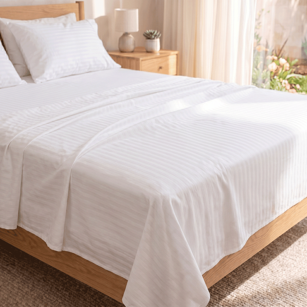 100% Cotton Striped White Sateen Sheet Set with Pillowcases 300 TC Hotel Quality