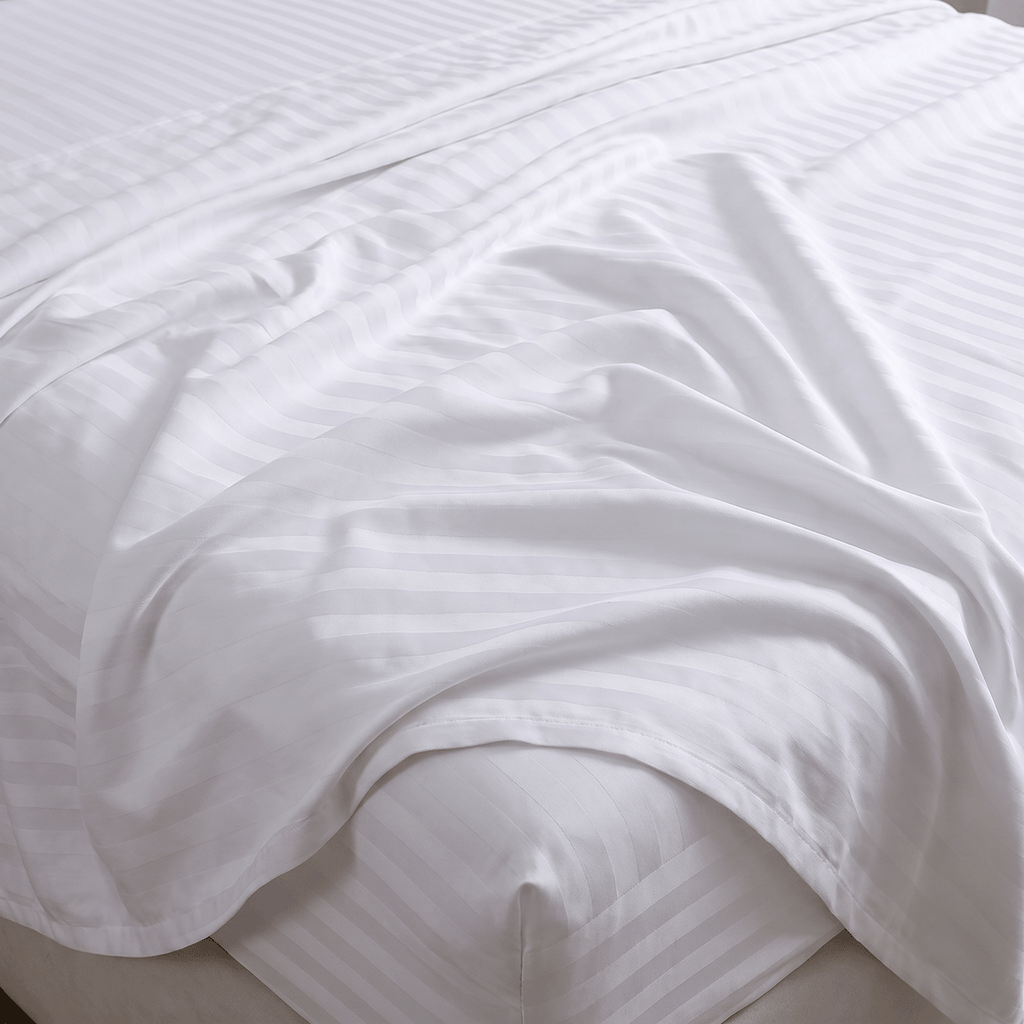 100% Cotton Striped White Sateen Sheet Set with Pillowcases 300 TC Hotel Quality