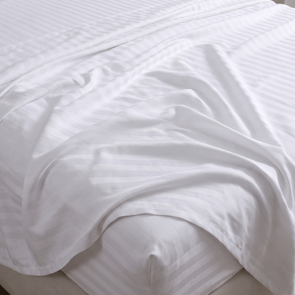 100% Cotton Striped White Sateen Sheet Set with Pillowcases 300 TC Hotel Quality