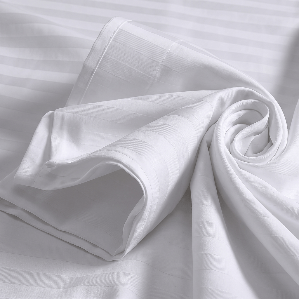 100% Cotton Striped White Sateen Sheet Set with Pillowcases 300 TC Hotel Quality