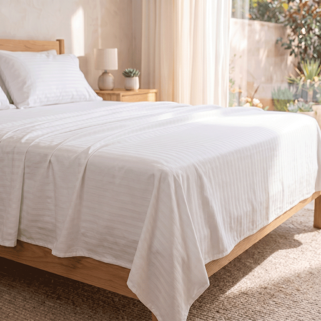 100% Cotton Striped White Sateen Sheet Set with Pillowcases 300 TC Hotel Quality