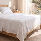 100% Cotton Striped White Sateen Sheet Set with Pillowcases 300 TC Hotel Quality