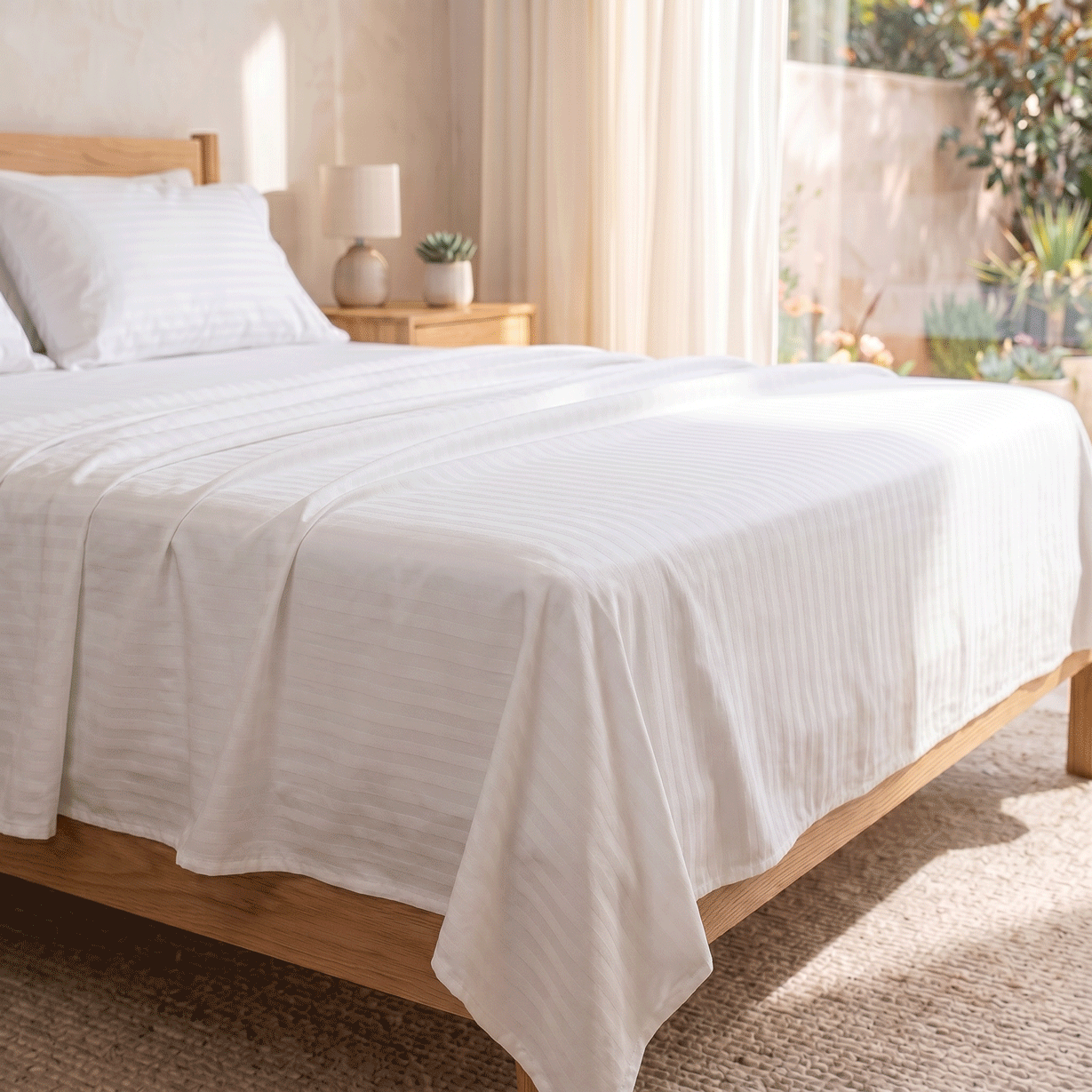 100% Cotton Striped White Sateen Sheet Set with Pillowcases 300 TC Hotel Quality