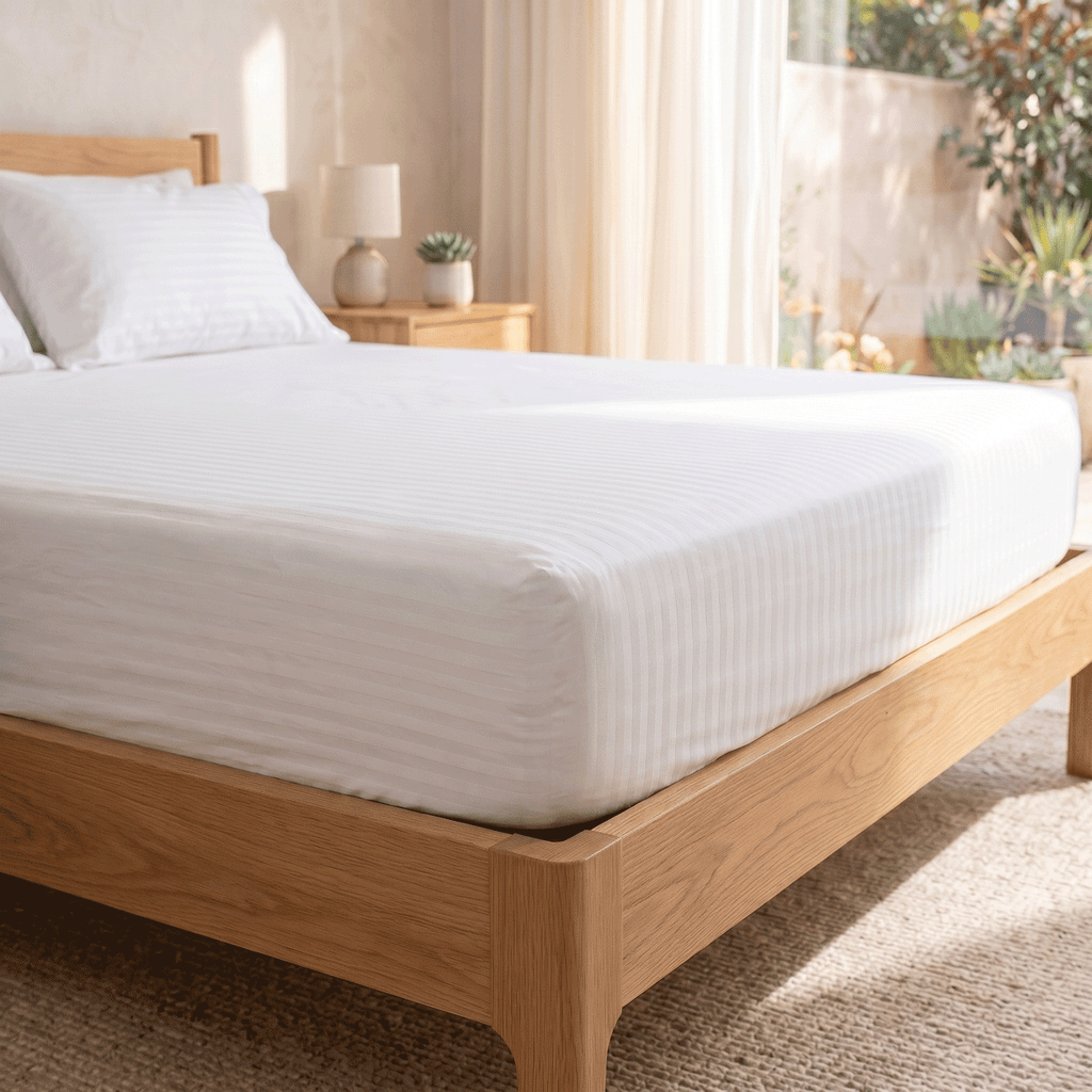 100% Cotton Striped White Sateen Sheet Set with Pillowcases 300 TC Hotel Quality