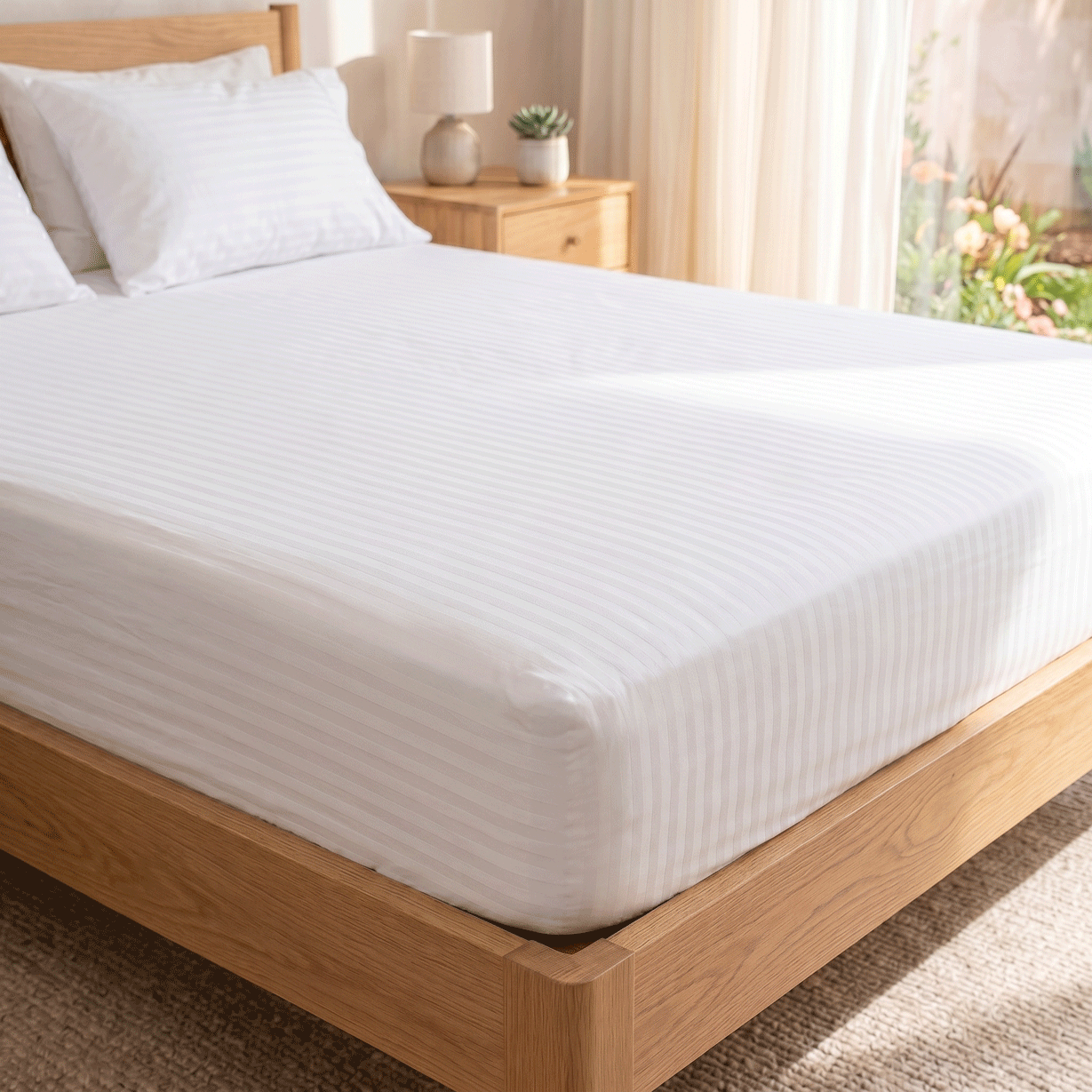 100% Cotton Striped White Sateen Sheet Set with Pillowcases 300 TC Hotel Quality